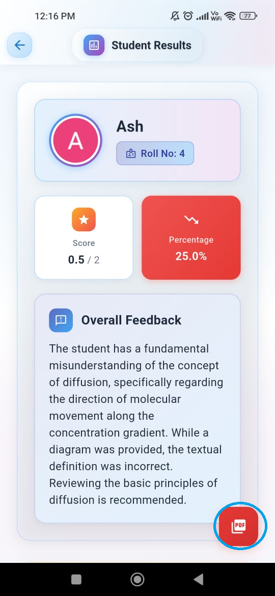 Student Results Screen
